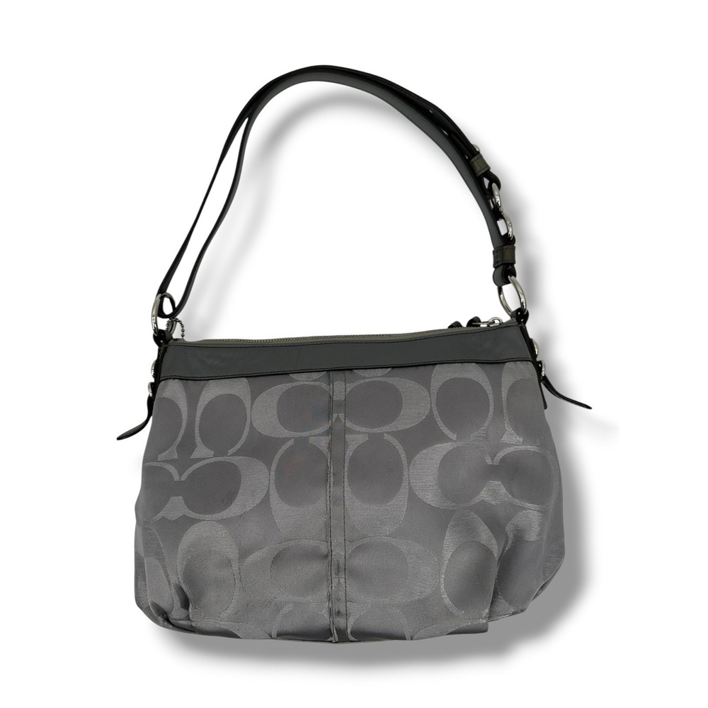 Coach‎ 15752 Gray Signature Jacquard Shoulder Hobo Bag Silver Hardware Charm Zip
